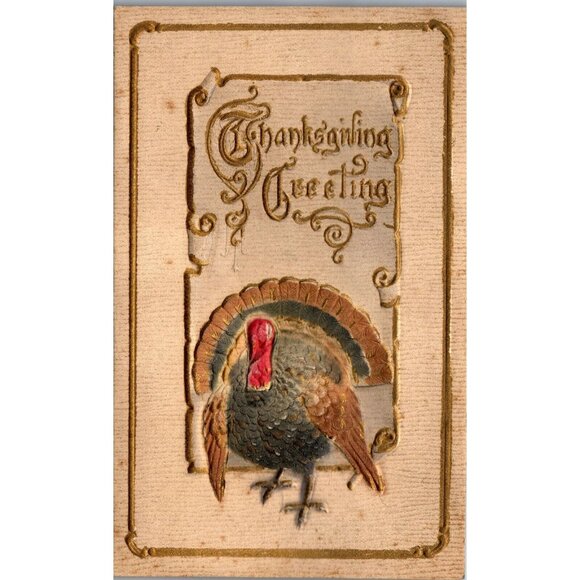 Postcard, Greeting, Thanksgiving, Velvet-like Turkey, Antique, (PC122) - Picture 1 of 2